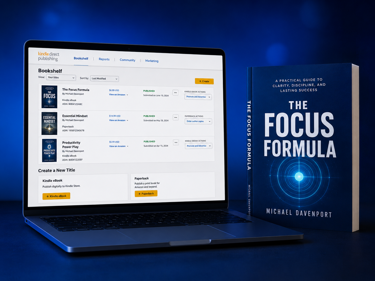 Amazon KDP publishing dashboard and book mockup