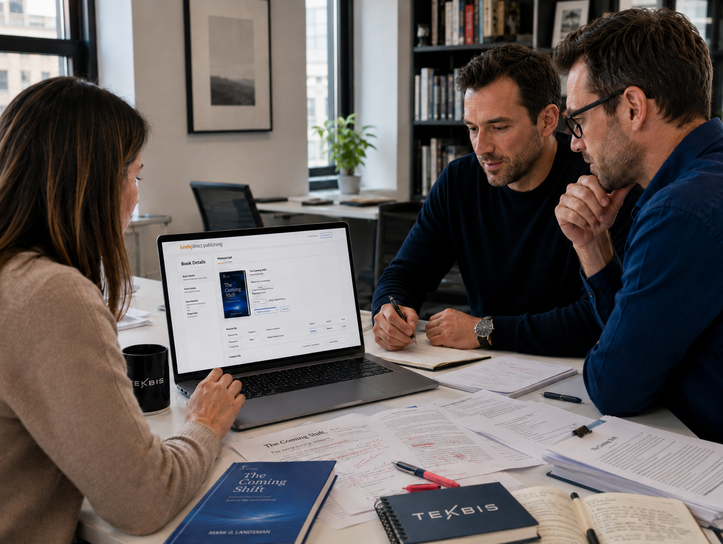 Publishing team reviewing Amazon KDP setup and manuscript proofs