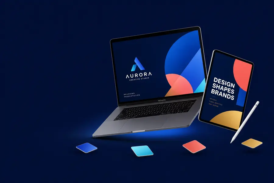 Graphic design brand identity mockups on laptop and tablet