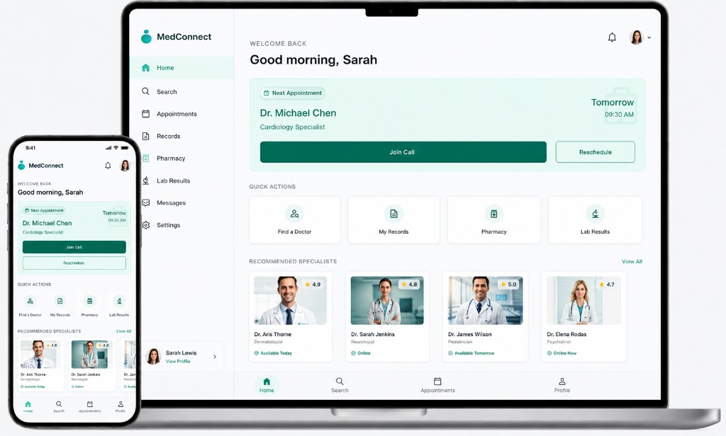 Professional mobile app UI mockup — MedConnect healthcare app by TekBis