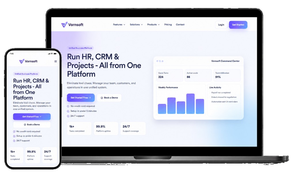 Vornsoft business platform mobile app mockup
